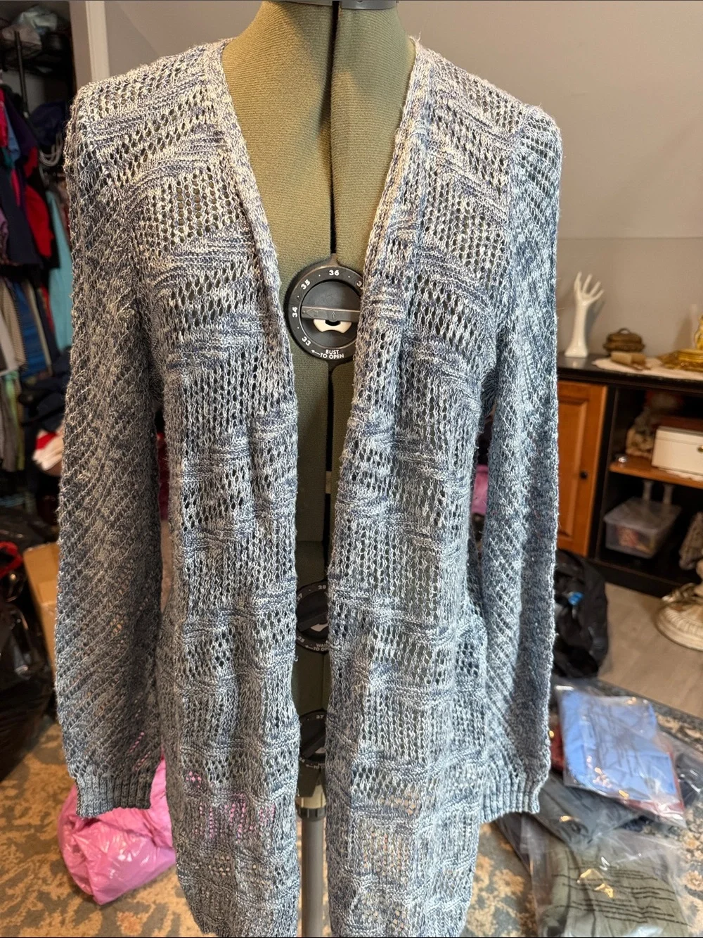 Christopher & Banks Open-Front Blue/White Knit Cardigan